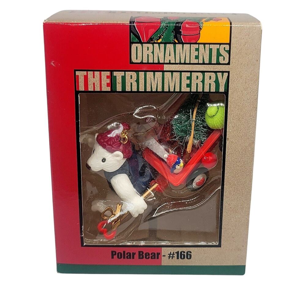 Vtg 1999 Tree Trimmerry Christmas Ornament #166- Polar Bear Wagon Fishing Pole